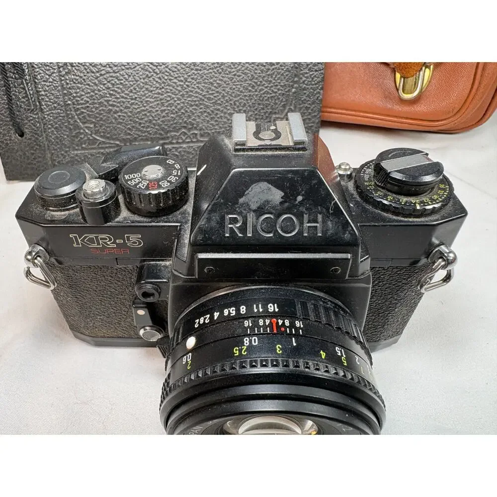 Ricoh KR-5 Super 35mm SLR Film Camera Rikenon 50mm f/2 Lens Bag Album *Untested